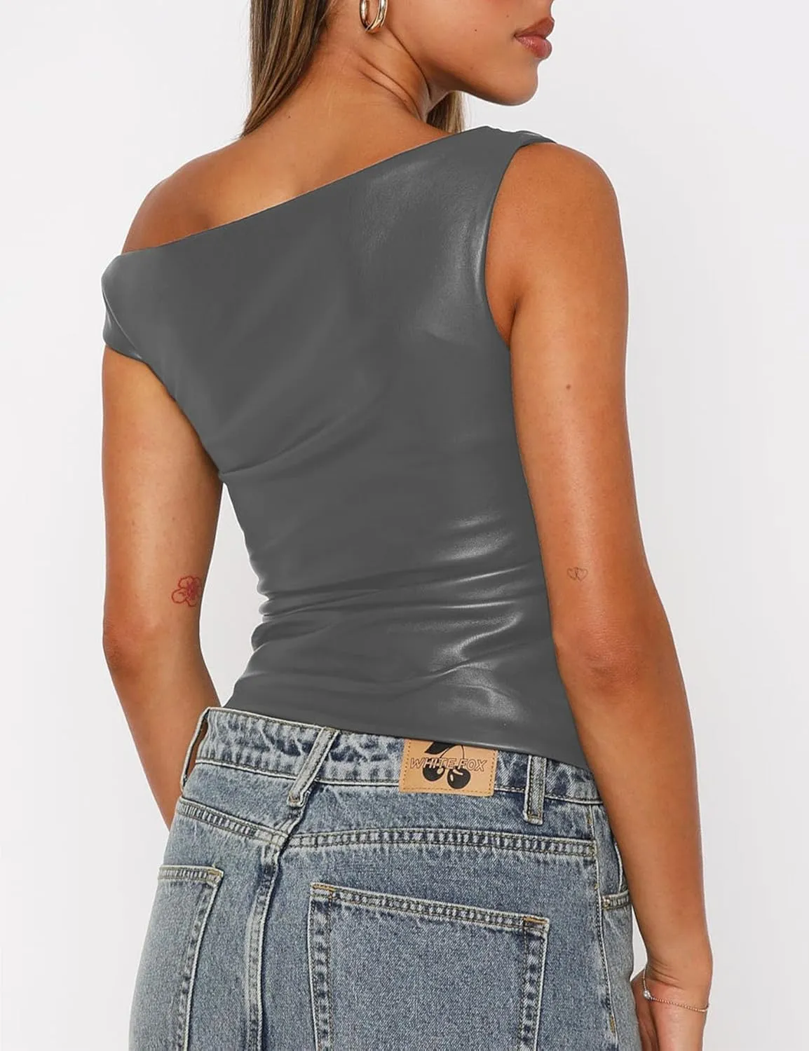 Limerose Womens Off Shoulder Top Sleeveless Shirts Faux Leather Slim Fitted Tank Top