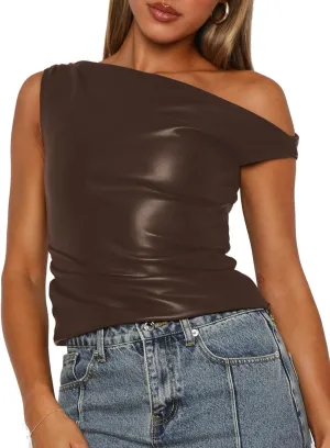 Limerose Womens Off Shoulder Top Sleeveless Shirts Faux Leather Slim Fitted Tank Top