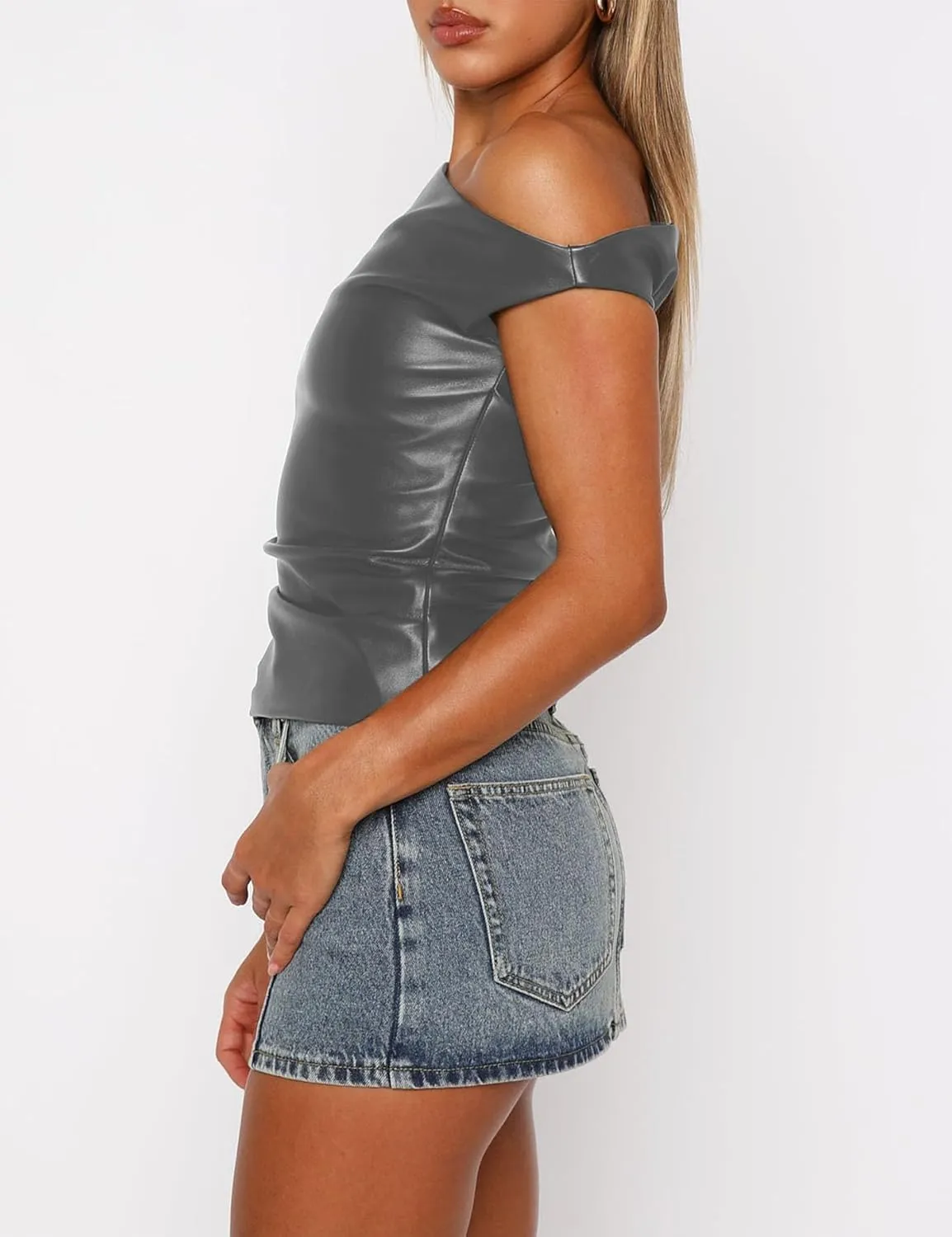 Limerose Womens Off Shoulder Top Sleeveless Shirts Faux Leather Slim Fitted Tank Top