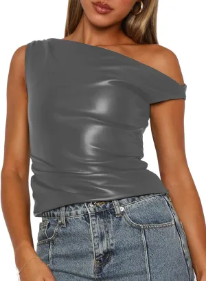 Limerose Womens Off Shoulder Top Sleeveless Shirts Faux Leather Slim Fitted Tank Top