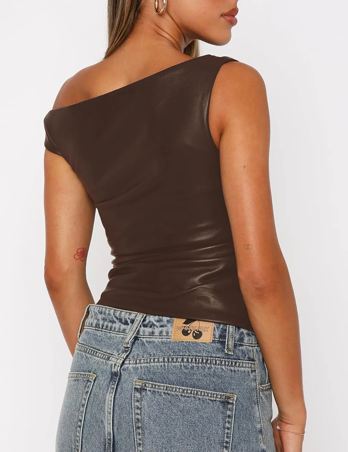 Limerose Womens Off Shoulder Top Sleeveless Shirts Faux Leather Slim Fitted Tank Top