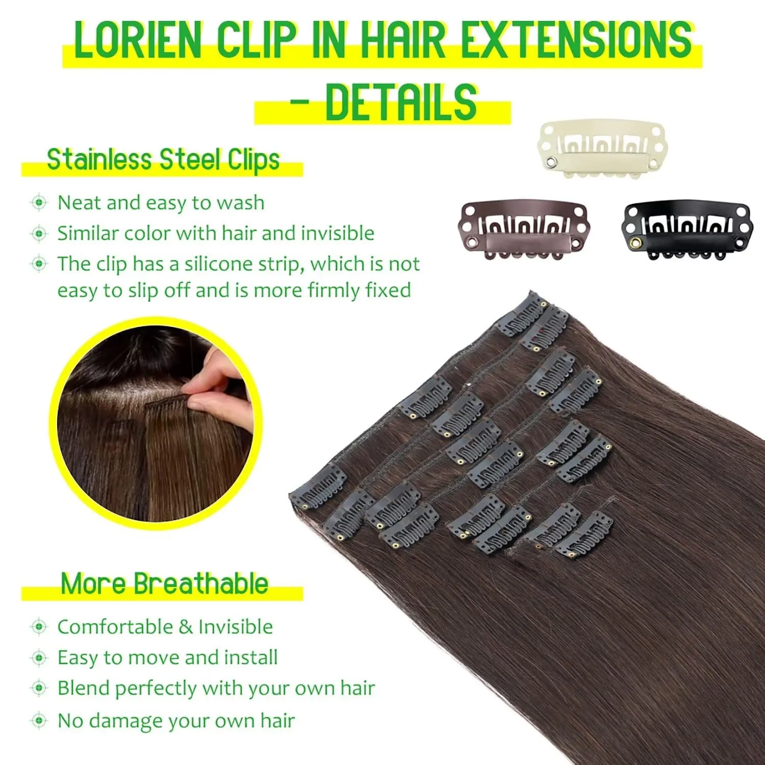 LORIEN Clip in Hair Extensions Real Human Hair, 18 Inch 100g, 2 Darkest Brown, Clip in 100% Brazilian Remy Human Hair Extensions 8pcs Per Set with 18 Clips Double Weft