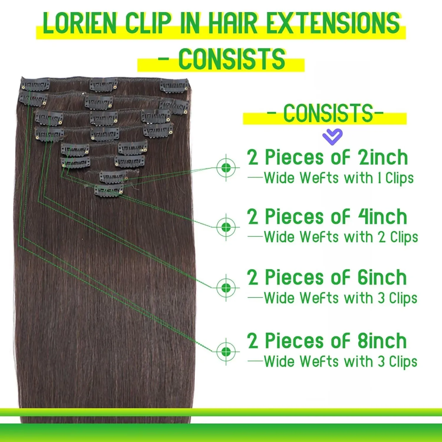 LORIEN Clip in Hair Extensions Real Human Hair, 18 Inch 100g, 2 Darkest Brown, Clip in 100% Brazilian Remy Human Hair Extensions 8pcs Per Set with 18 Clips Double Weft