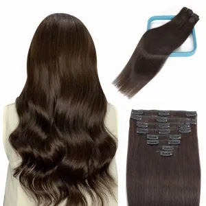 LORIEN Clip in Hair Extensions Real Human Hair, 18 Inch 100g, 2 Darkest Brown, Clip in 100% Brazilian Remy Human Hair Extensions 8pcs Per Set with 18 Clips Double Weft
