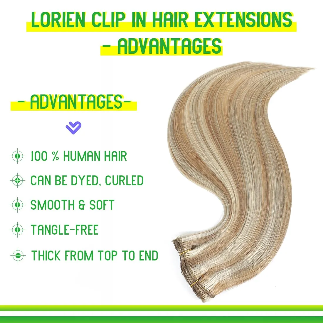 LORIEN Clip in Hair Extensions Real Human Hair, Remy Human Hair Extensions Clip ins for Women, 100% Natural Human Hair, Double Weftm, 16inch 90g 8Pcs, #16/22 Light Blonde to Golden Blonde