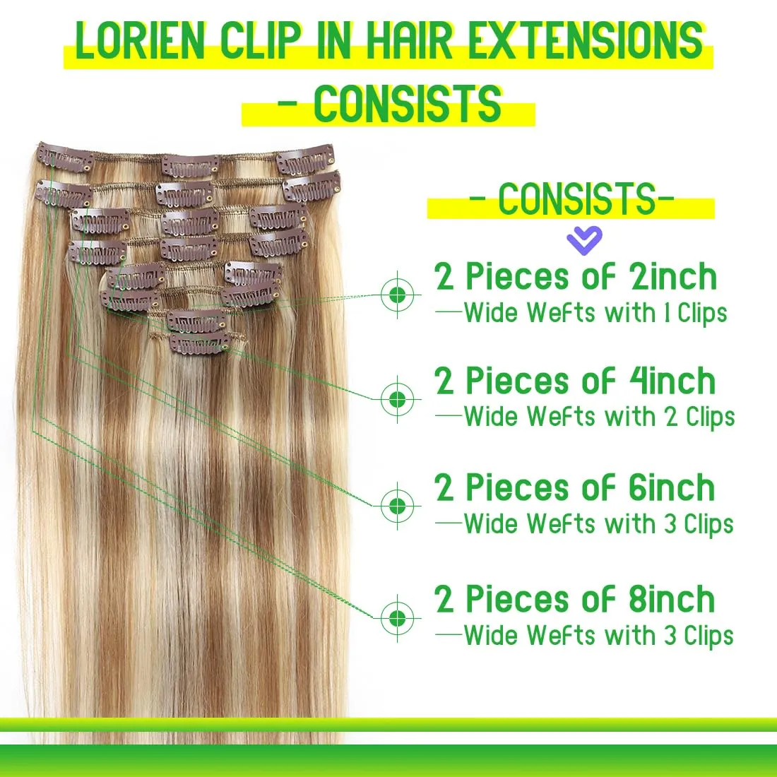 LORIEN Clip in Hair Extensions Real Human Hair, Remy Human Hair Extensions Clip ins for Women, 100% Natural Human Hair, Double Weftm, 16inch 90g 8Pcs, #16/22 Light Blonde to Golden Blonde