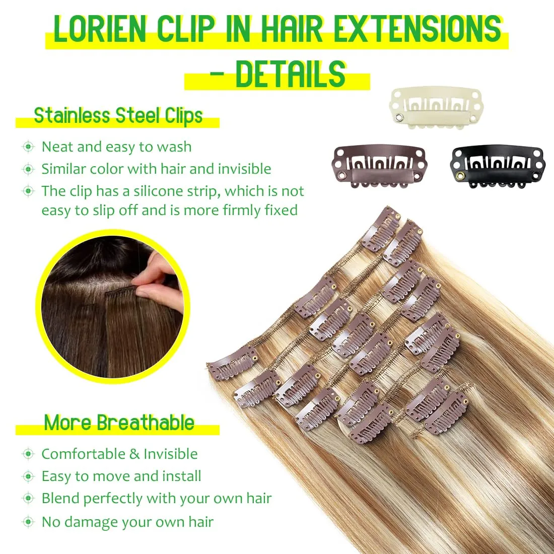 LORIEN Clip in Hair Extensions Real Human Hair, Remy Human Hair Extensions Clip ins for Women, 100% Natural Human Hair, Double Weftm, 16inch 90g 8Pcs, #16/22 Light Blonde to Golden Blonde