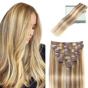 LORIEN Clip in Hair Extensions Real Human Hair, Remy Human Hair Extensions Clip ins for Women, 100% Natural Human Hair, Double Weftm, 16inch 90g 8Pcs, #16/22 Light Blonde to Golden Blonde