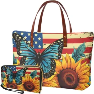 Lotusorchid 2 Pcs Large Tote Handbag with PU Wallet, Women Hand bags Purses, Top Handle Bag Satchel Shoulder Bag
