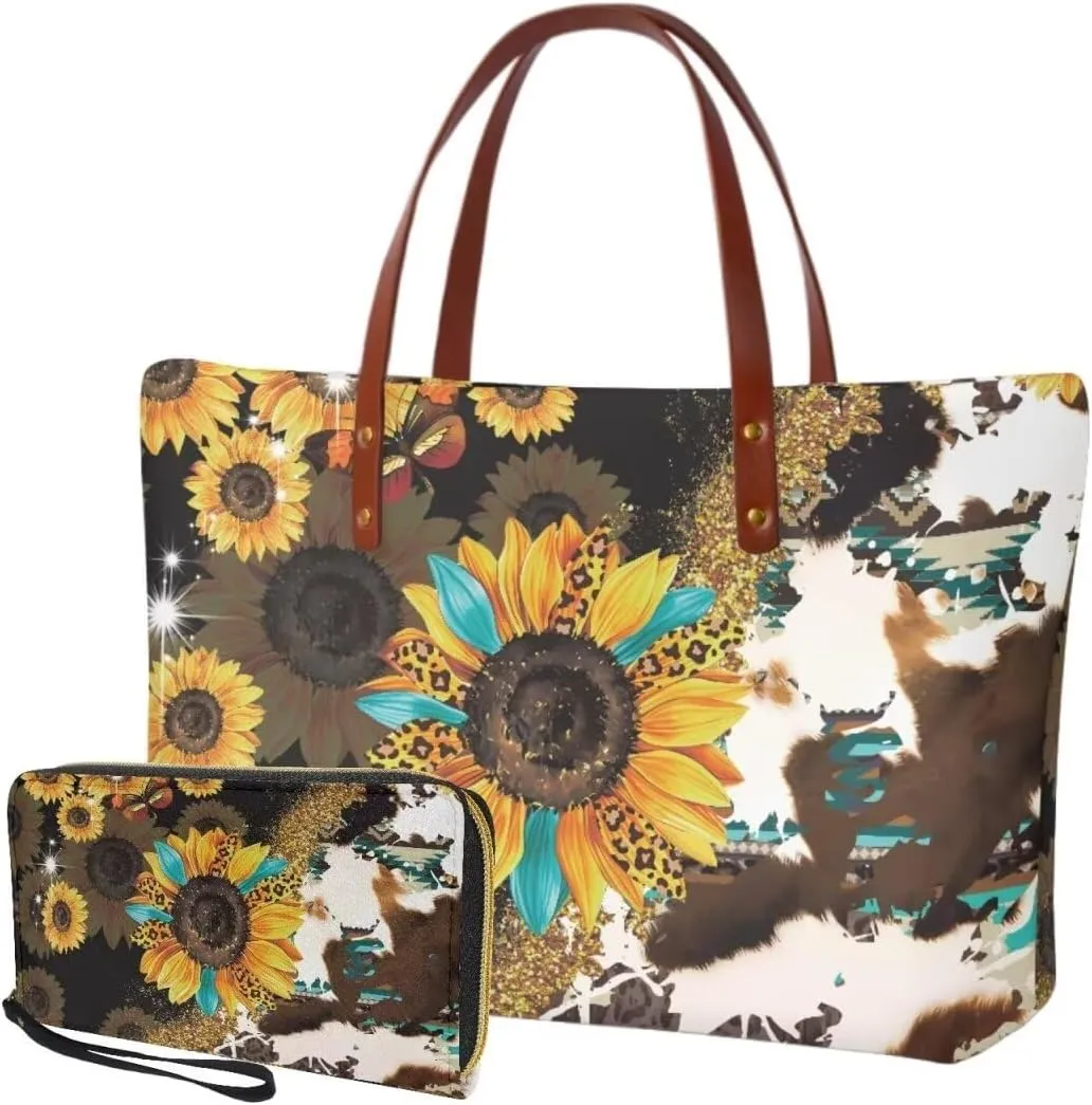 Lotusorchid 2 Pcs Large Tote Handbag with PU Wallet, Women Hand bags Purses, Top Handle Bag Satchel Shoulder Bag