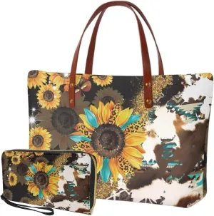Lotusorchid 2 Pcs Large Tote Handbag with PU Wallet, Women Hand bags Purses, Top Handle Bag Satchel Shoulder Bag