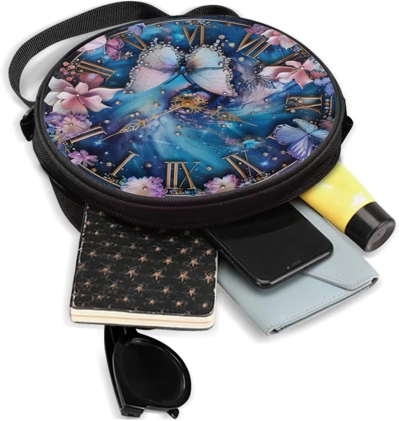 Lotusorchid Clock Print Round Crossbody Purse for Women Circle Bag Small Round Shoulder Purse (Not Real Clock)