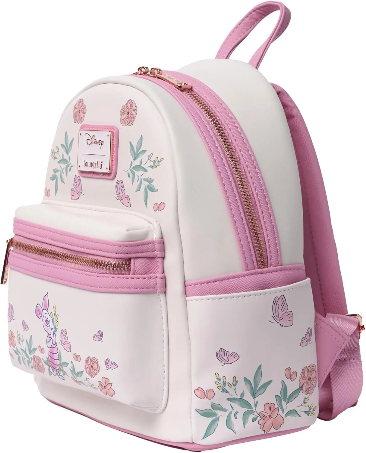 Loungefly Piglet Mini Backpack Handbag Floral Print Double Strap Shoulder Bag (Pink, Piglet)