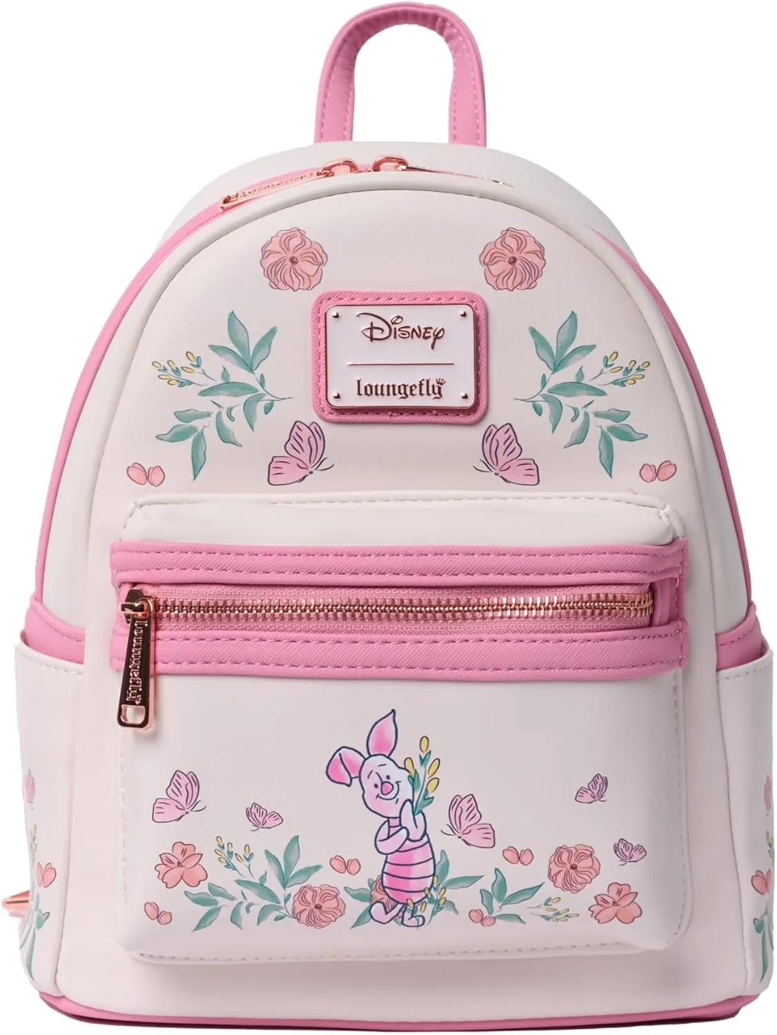 Loungefly Piglet Mini Backpack Handbag Floral Print Double Strap Shoulder Bag (Pink, Piglet)