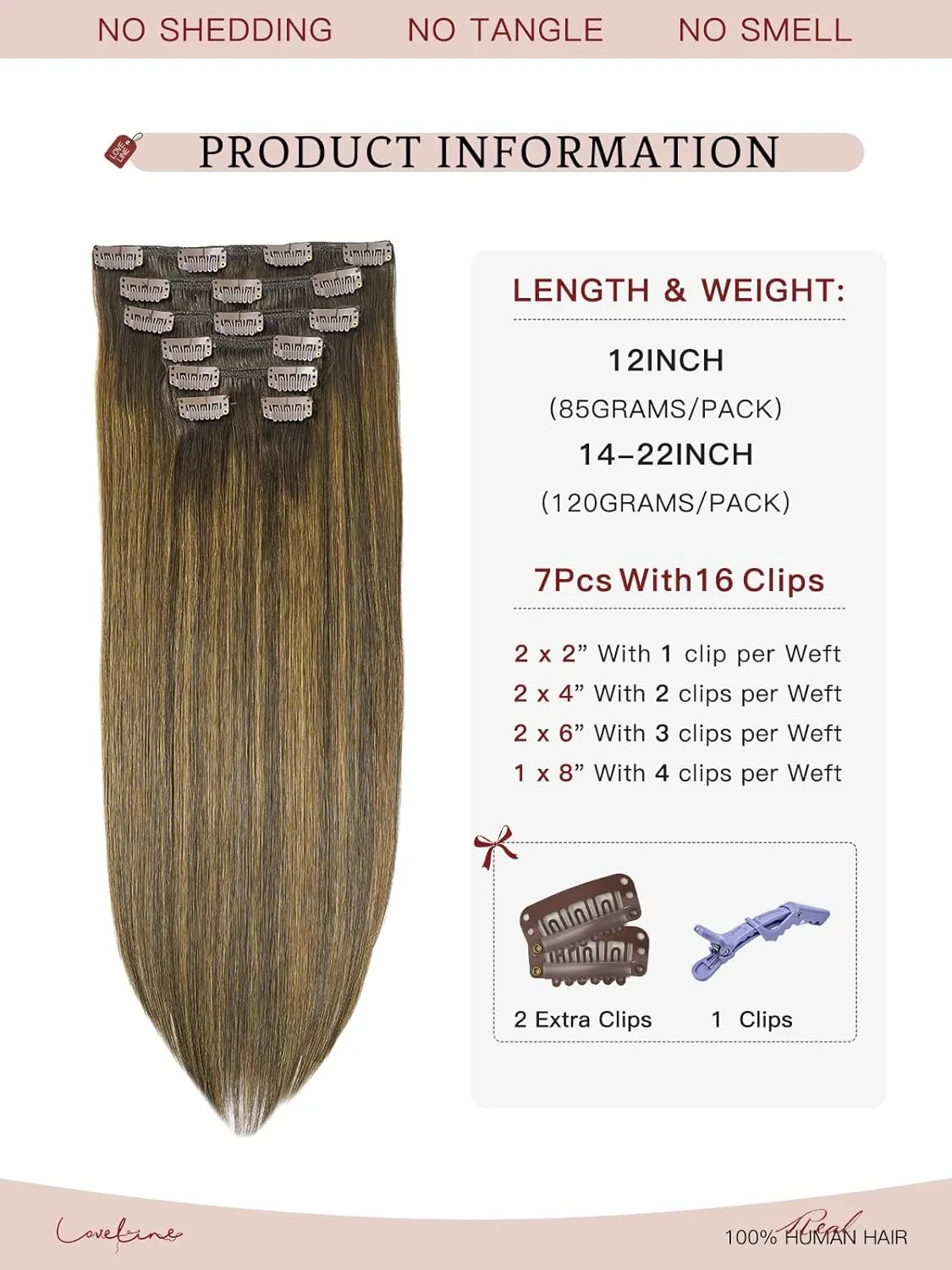 Loveline Clip in Hair Extensions Real Human Hair, 100% Remy Human Hair Extensions Clip Ins for Women, 7Pcs 20Inch 120g, Balayage Dark Brown Mixed Chestnut Brown