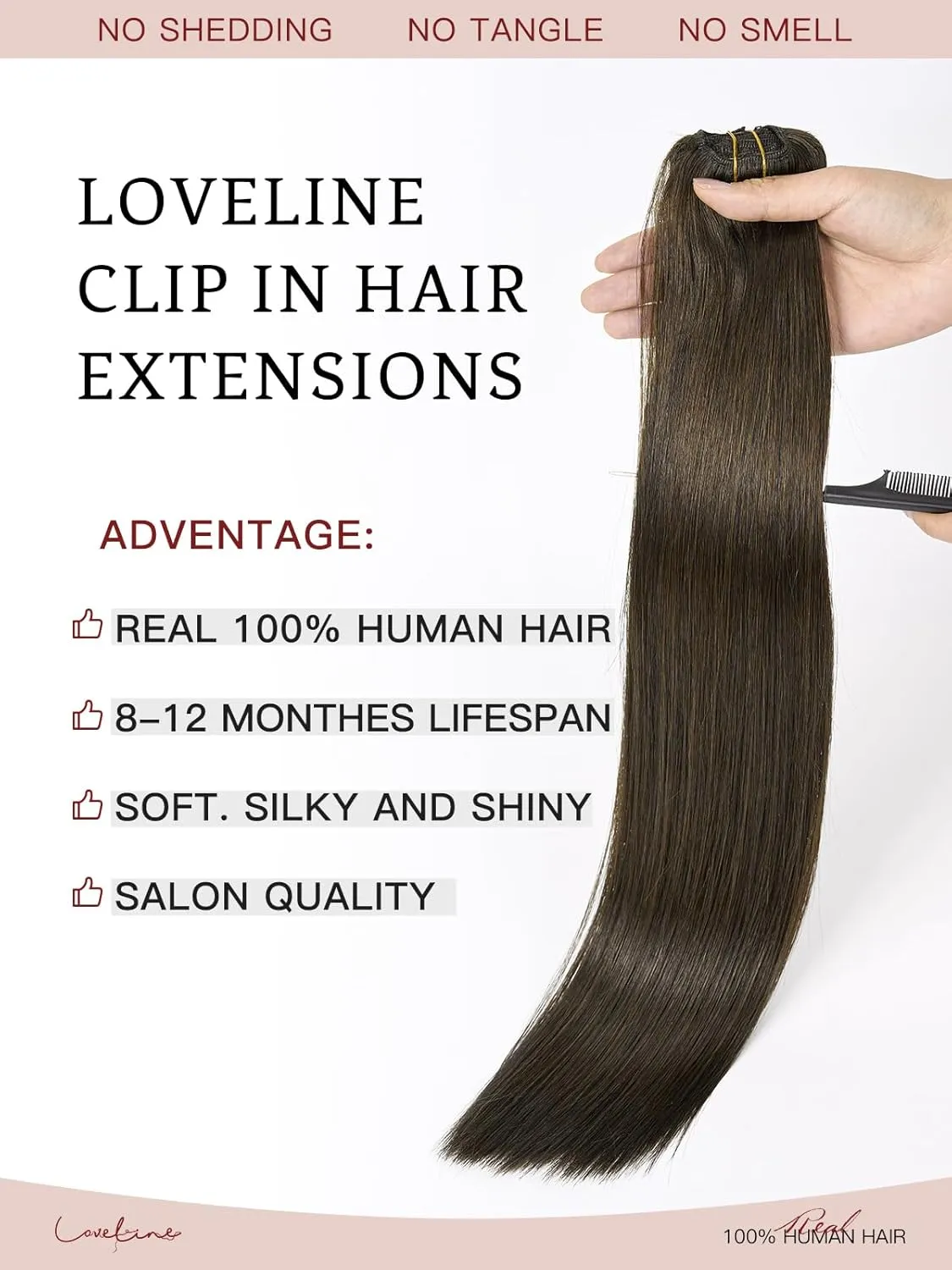 LOVELINE Clip in Hair Extensions Real Human Hair, 100% Remy Human Hair Extensions Clip Ins for Women, 7Pcs 20Inch 120g, Dark Brown