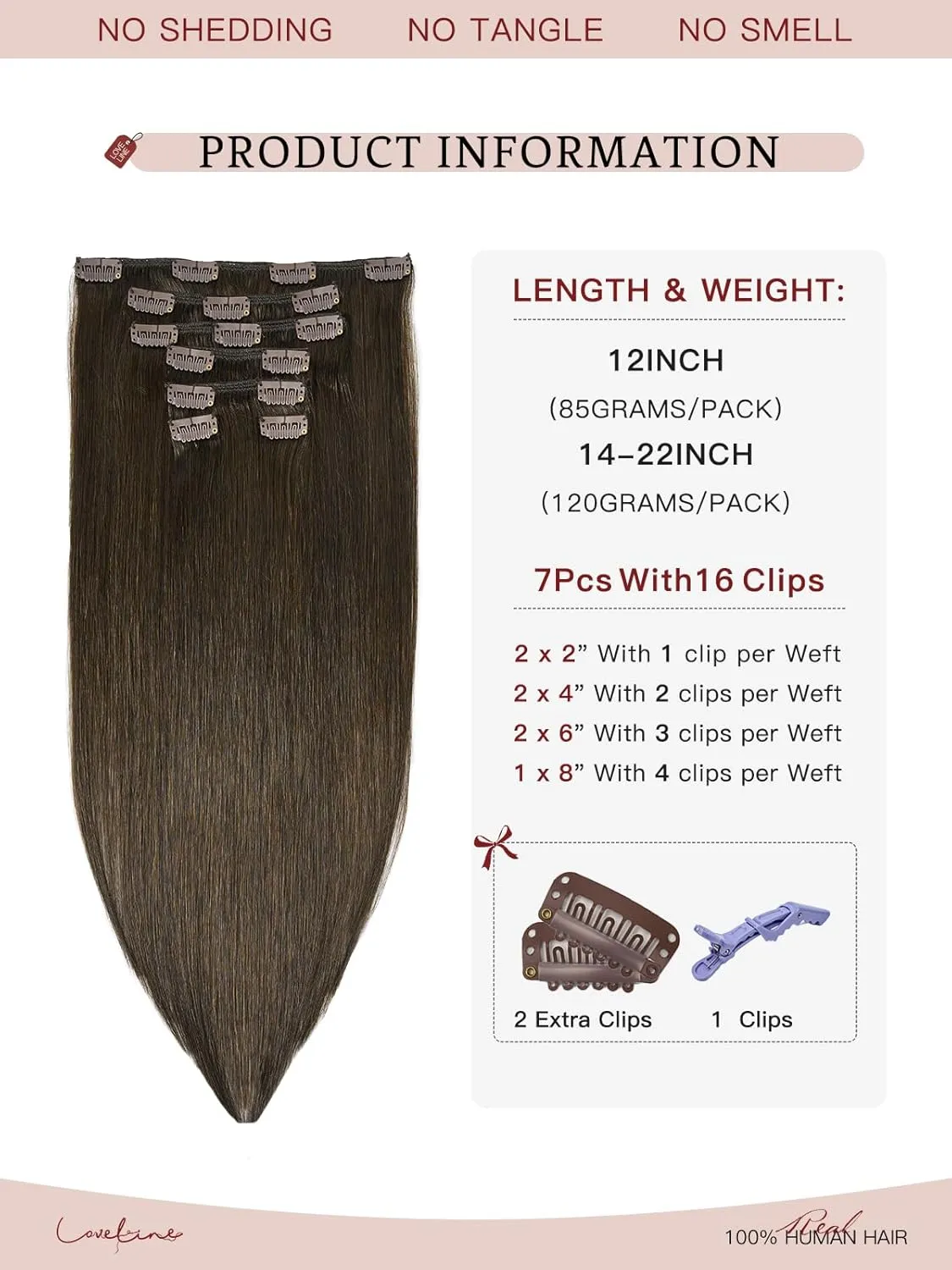 LOVELINE Clip in Hair Extensions Real Human Hair, 100% Remy Human Hair Extensions Clip Ins for Women, 7Pcs 20Inch 120g, Dark Brown