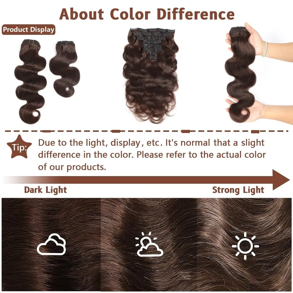 LUMIERE Clip In Hair Extensions Dark Brown Body Wave Human Hair Clip In Extensions For Black Women Seamless Clip Ins 8 Pcs 20 Clips 120g Double Wefts Brown Color #2 22 Inch