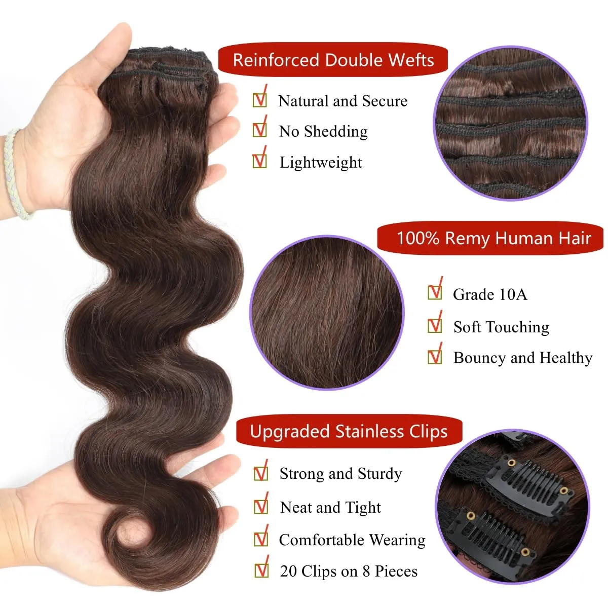 LUMIERE Clip In Hair Extensions Dark Brown Body Wave Human Hair Clip In Extensions For Black Women Seamless Clip Ins 8 Pcs 20 Clips 120g Double Wefts Brown Color #2 22 Inch