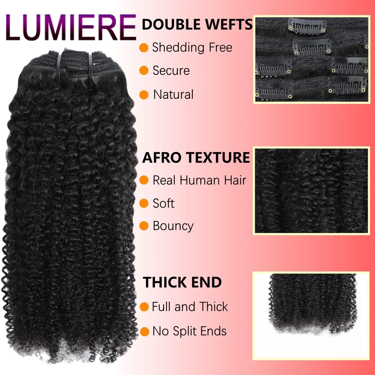 Lumiere Clip In Hair Extensions Real Human Hair 4B 4C Afro Curly Clip Ins Seamless Clip In Hair Extensions Black Women 120g/set 8 Pcs With 20 Clips Brazilian Remy Hair Natural Color 22 Inch