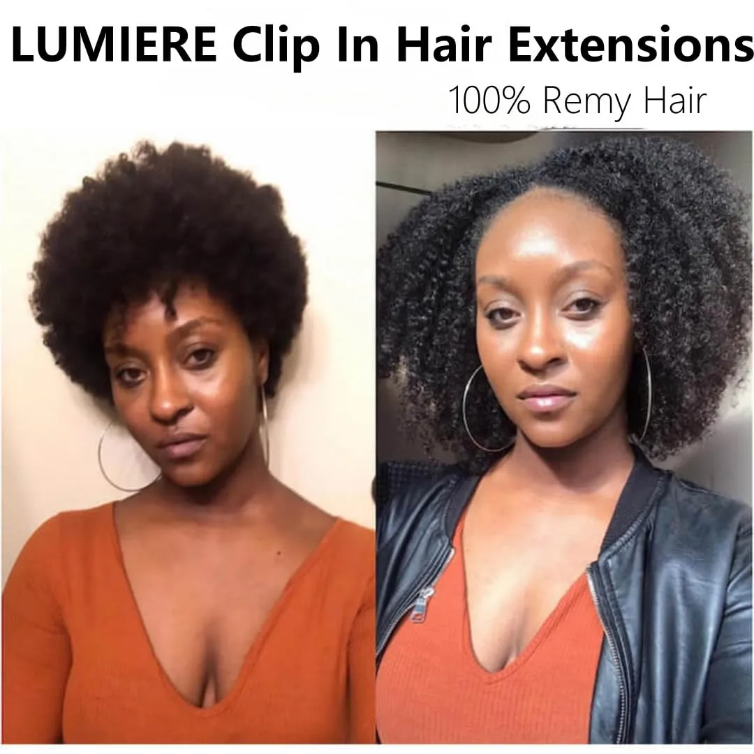Lumiere Clip In Hair Extensions Real Human Hair 4B 4C Afro Curly Clip Ins Seamless Clip In Hair Extensions Black Women 120g/set 8 Pcs With 20 Clips Brazilian Remy Hair Natural Color 22 Inch