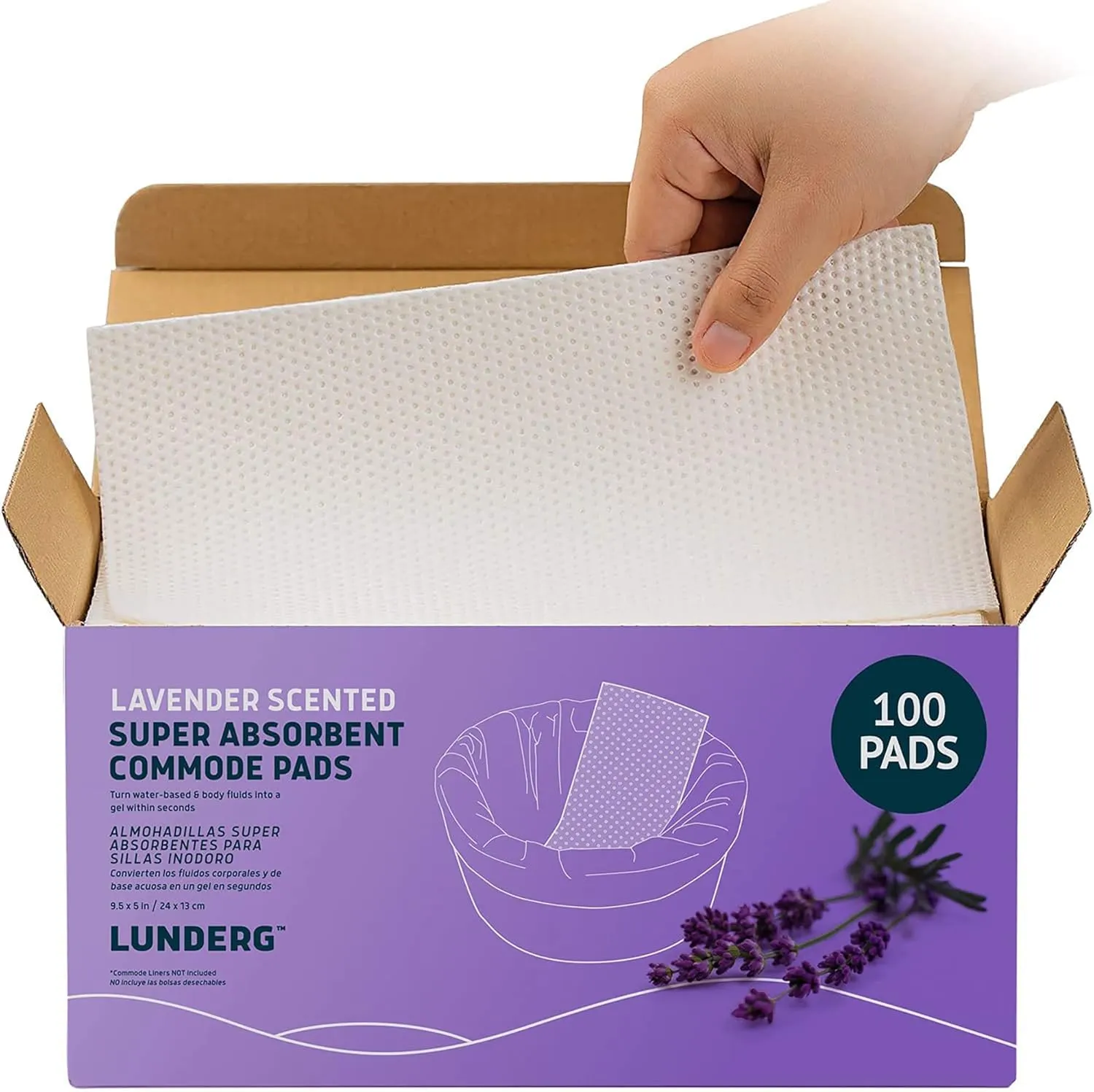 Lunderg Lavender Scented Super Absorbent Commode Pads - Medical Grade Value Pack 100 Count - for Disposable Bedside Commode Liners, Adult Chairs, Portable Buckets & Camping Toilet Bags - Light Scent