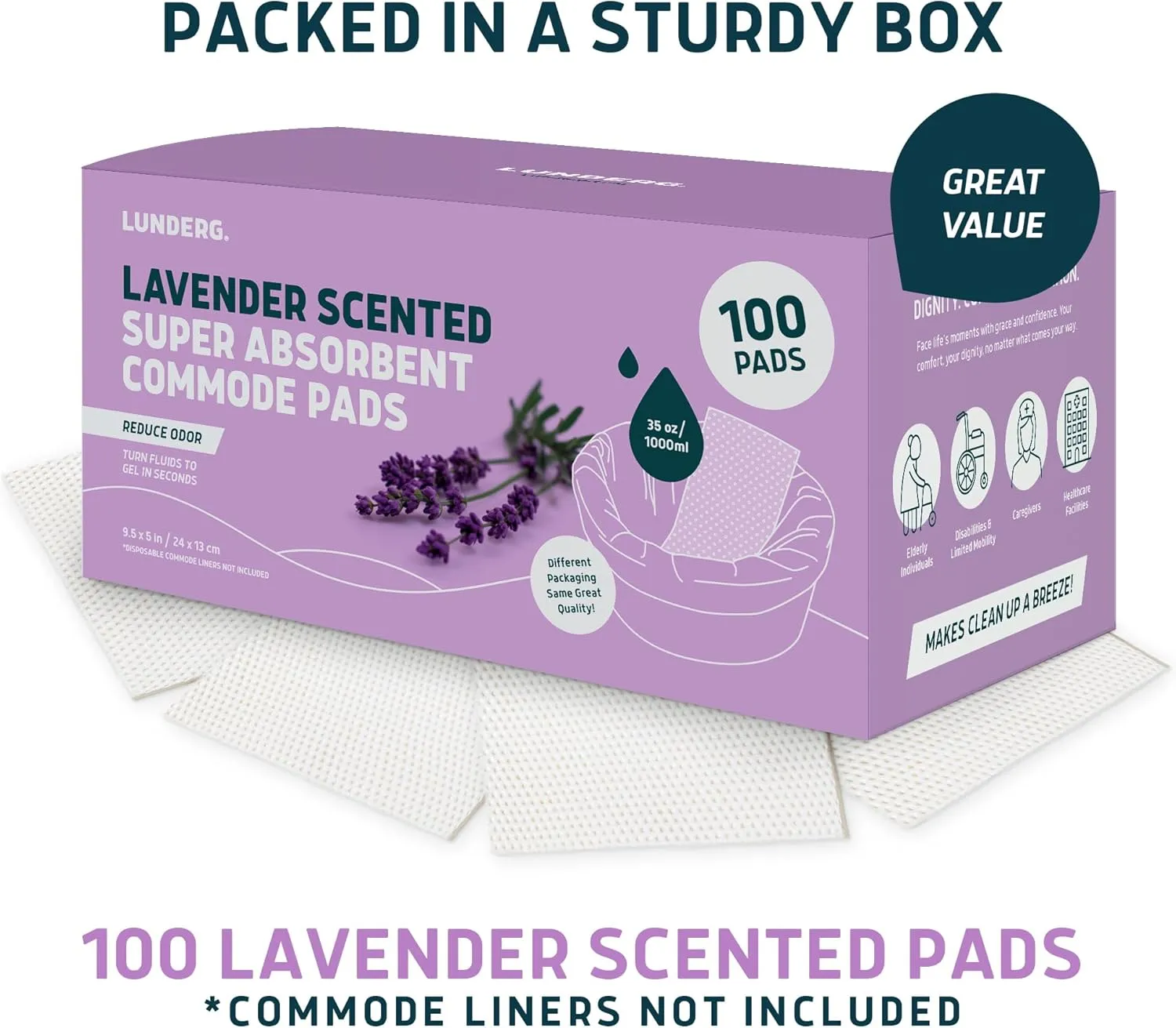 Lunderg Lavender Scented Super Absorbent Commode Pads - Medical Grade Value Pack 100 Count - for Disposable Bedside Commode Liners, Adult Chairs, Portable Buckets & Camping Toilet Bags - Light Scent