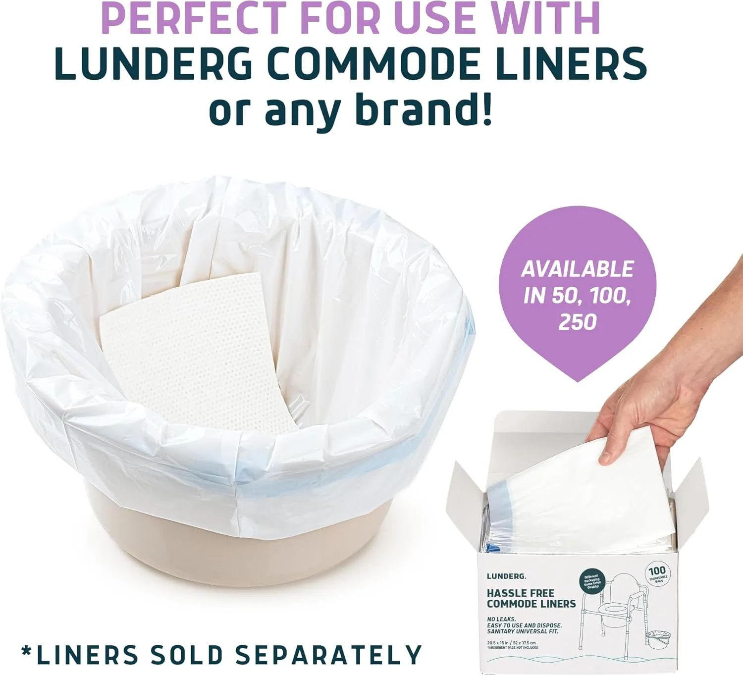 Lunderg Lavender Scented Super Absorbent Commode Pads - Medical Grade Value Pack 100 Count - for Disposable Bedside Commode Liners, Adult Chairs, Portable Buckets & Camping Toilet Bags - Light Scent