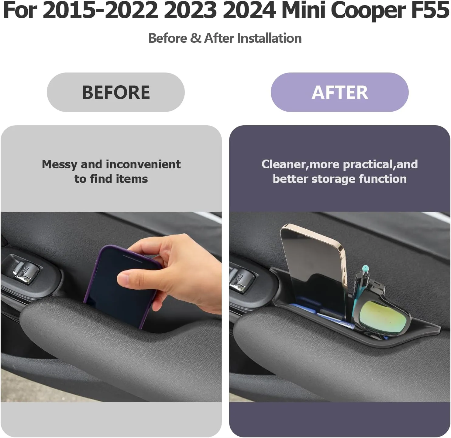 LUWU for 2024 Mini Cooper F55 Organizer Mini Cooper F55 Front Rear Door Side Storage Box Door Side Organizer Grab Tray 2015-2025 Mini Cooper S Armrest Phone Container Mini Cooper One Accessories 4PCS