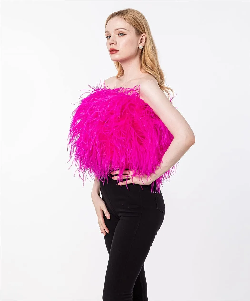 LVCOMEFF Women Ostrich Feather Bandeau Bralette Mini Crop Top Tube Top Strapless for Party Carnival
