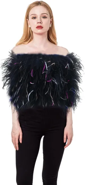 LVCOMEFF Women Ostrich Feather Bandeau Bralette Mini Crop Top Tube Top Strapless for Party Carnival