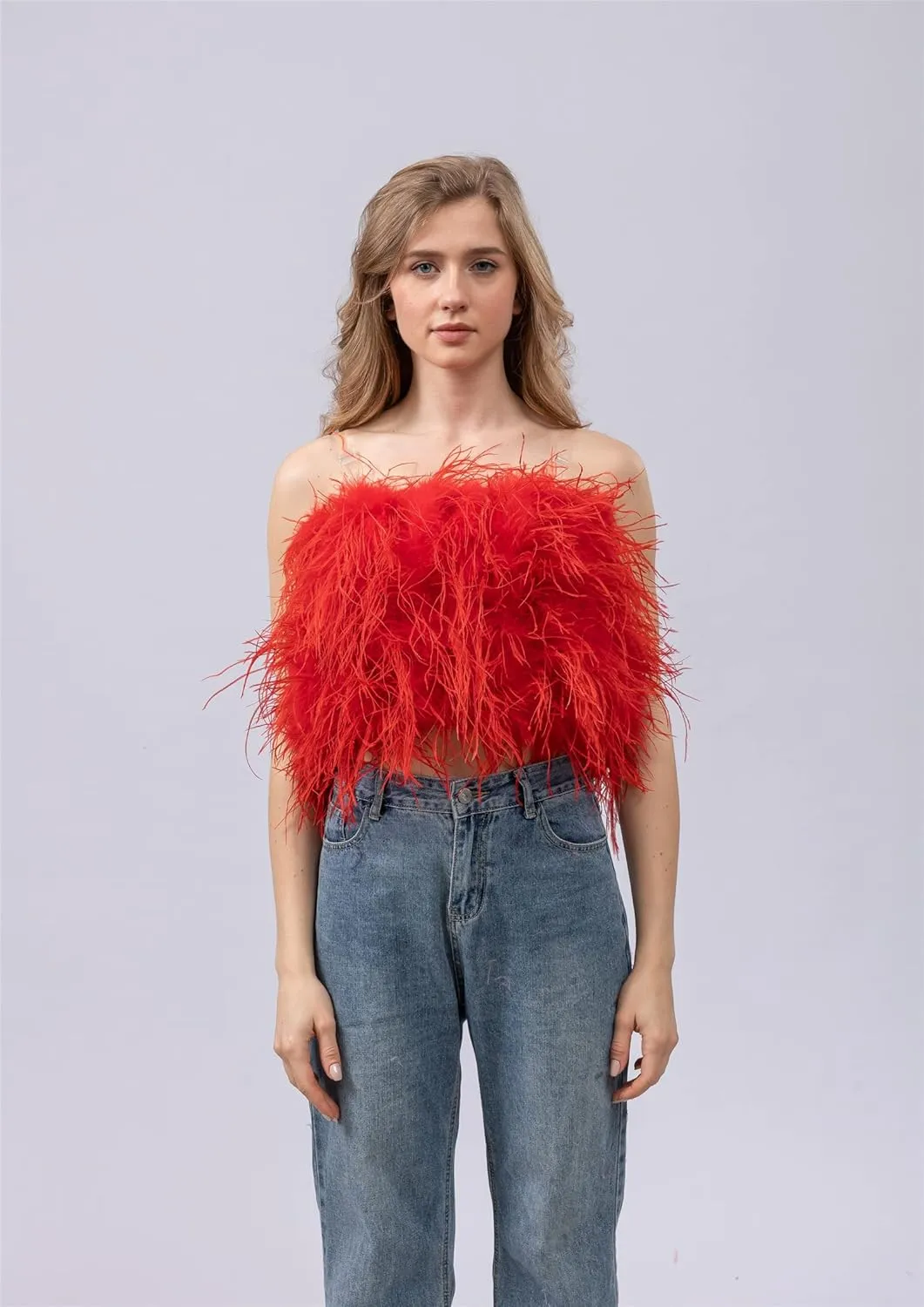 LVCOMEFF Women Ostrich Feather Bandeau Bralette Mini Crop Top Tube Top Strapless for Party Carnival