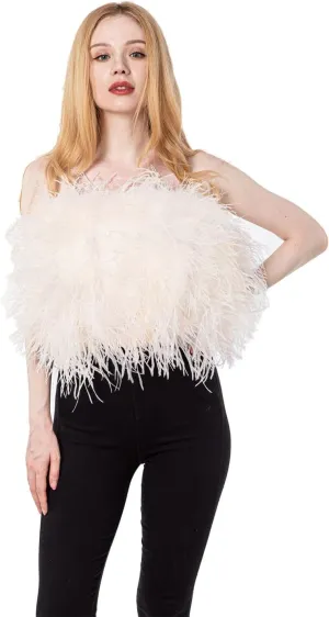 LVCOMEFF Women Ostrich Feather Bandeau Bralette Mini Crop Top Tube Top Strapless for Party Carnival