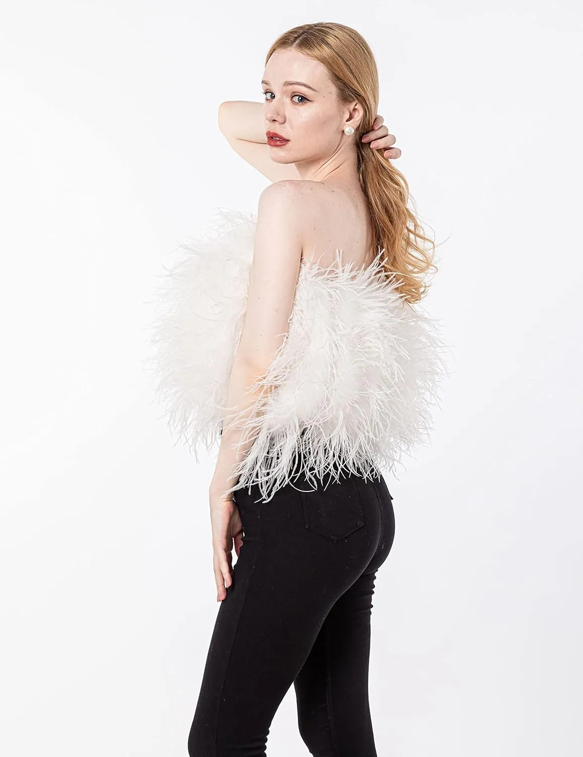 LVCOMEFF Women Ostrich Feather Bandeau Bralette Mini Crop Top Tube Top Strapless for Party Carnival
