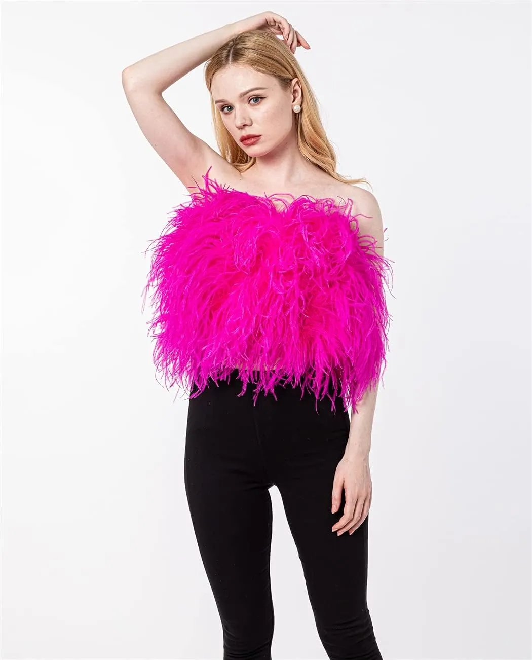 LVCOMEFF Women Ostrich Feather Bandeau Bralette Mini Crop Top Tube Top Strapless for Party Carnival