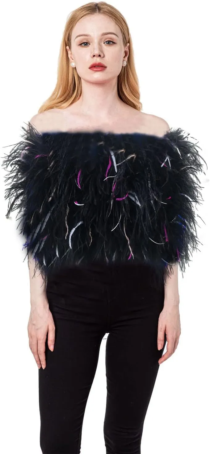 LVCOMEFF Women Ostrich Feather Bandeau Bralette Mini Crop Top Tube Top Strapless for Party Carnival