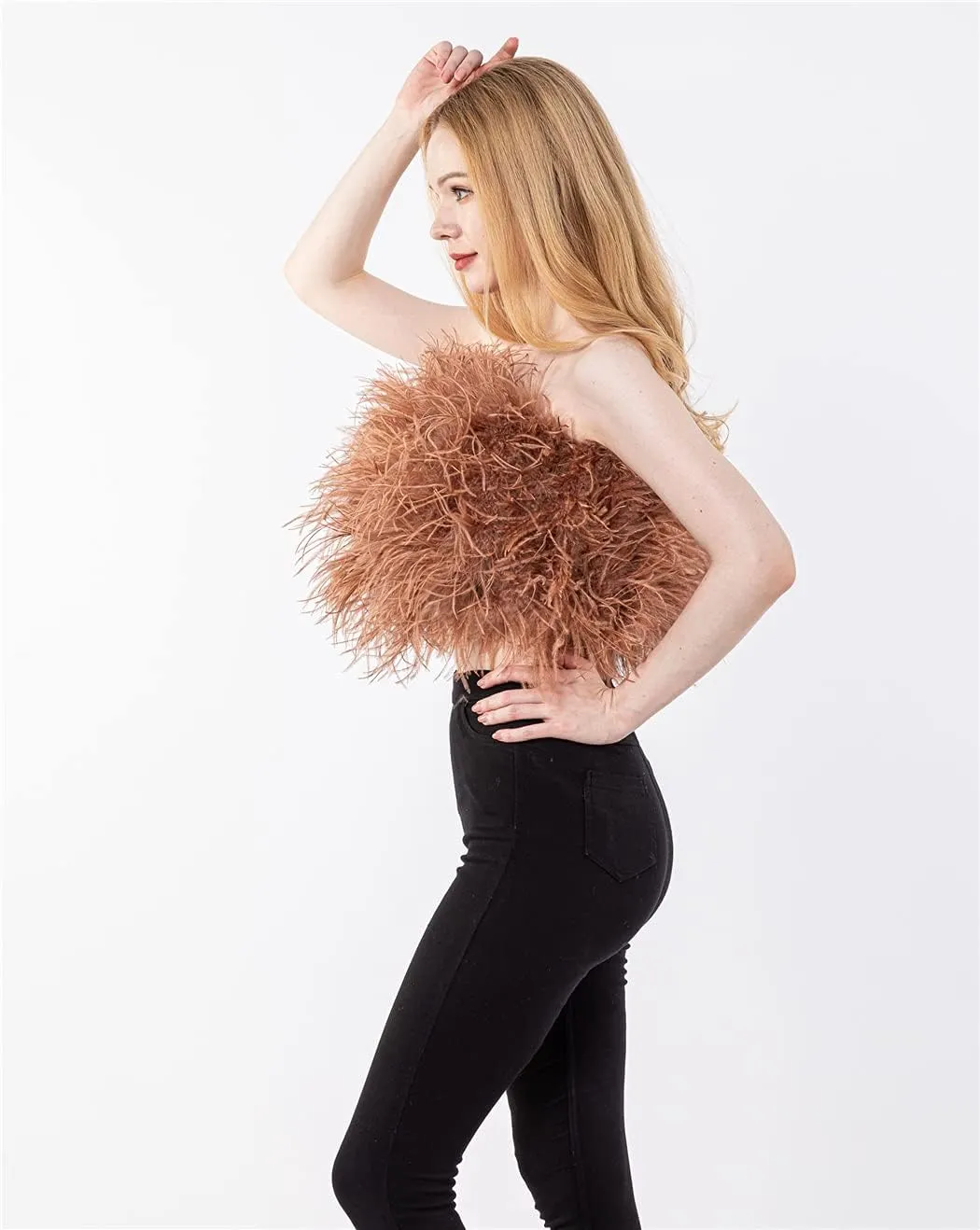LVCOMEFF Women Ostrich Feather Bandeau Bralette Mini Crop Top Tube Top Strapless for Party Carnival