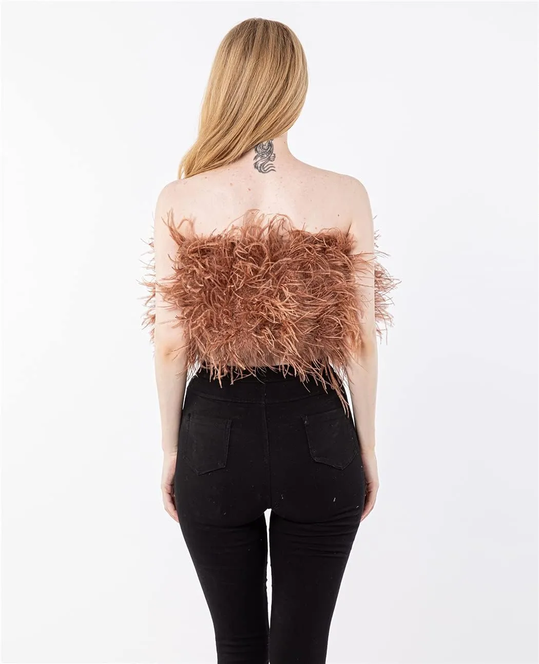LVCOMEFF Women Ostrich Feather Bandeau Bralette Mini Crop Top Tube Top Strapless for Party Carnival