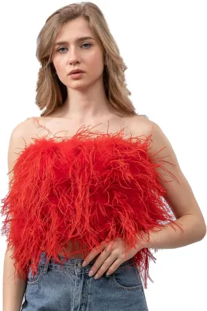 LVCOMEFF Women Ostrich Feather Bandeau Bralette Mini Crop Top Tube Top Strapless for Party Carnival