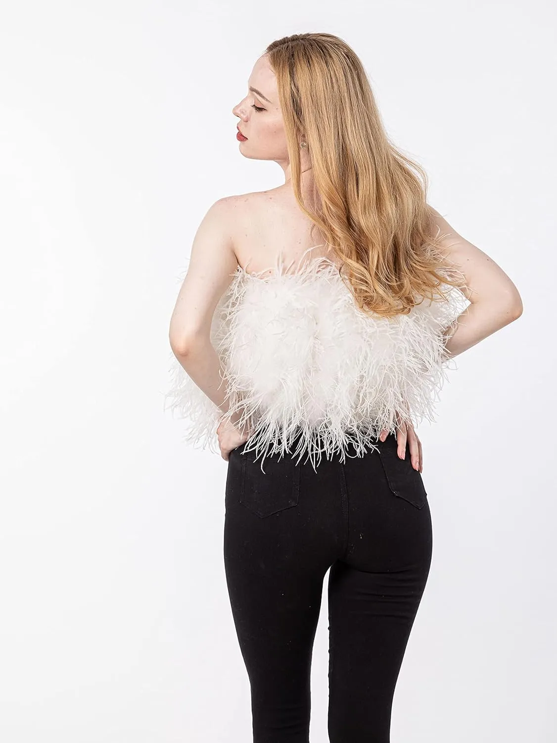 LVCOMEFF Women Ostrich Feather Bandeau Bralette Mini Crop Top Tube Top Strapless for Party Carnival