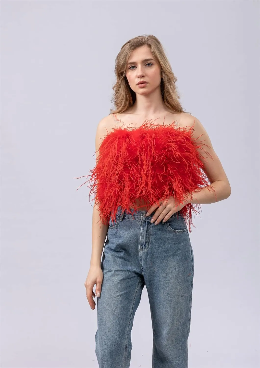 LVCOMEFF Women Ostrich Feather Bandeau Bralette Mini Crop Top Tube Top Strapless for Party Carnival