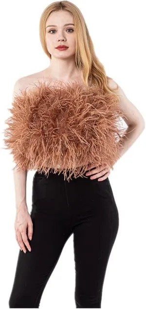LVCOMEFF Women Ostrich Feather Bandeau Bralette Mini Crop Top Tube Top Strapless for Party Carnival