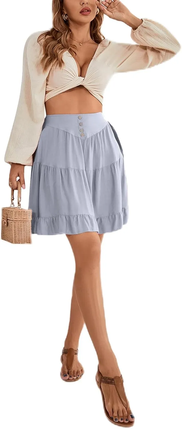 LYANER Women's Casual High Waist A Line Ruffle Hem Swing Skater Short Mini Skirt