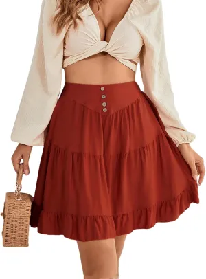 LYANER Women's Casual High Waist A Line Ruffle Hem Swing Skater Short Mini Skirt
