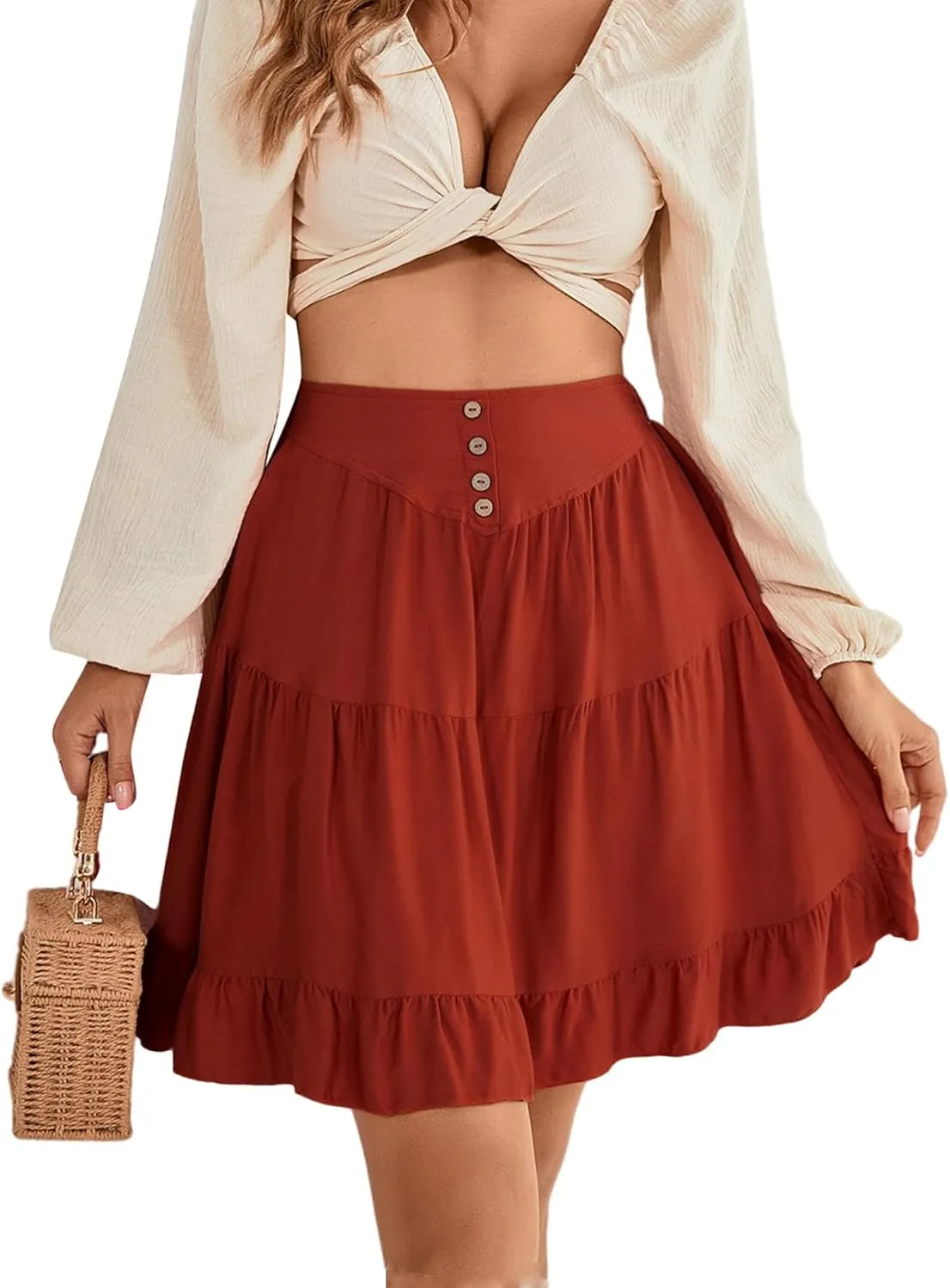 LYANER Women's Casual High Waist A Line Ruffle Hem Swing Skater Short Mini Skirt