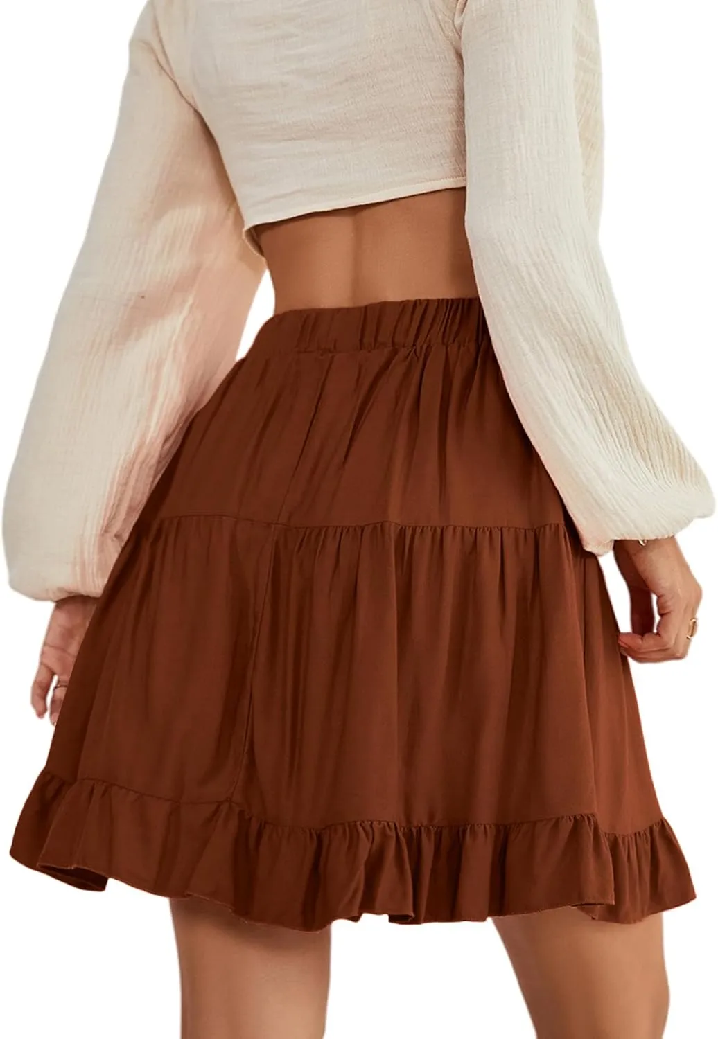 LYANER Women's Casual High Waist A Line Ruffle Hem Swing Skater Short Mini Skirt