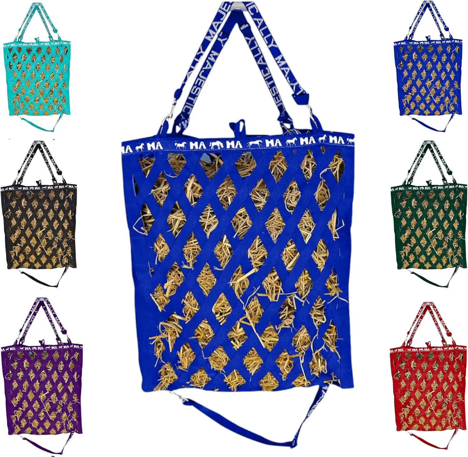 Majestic Ally Double Side Open Slow Feeder Hay Bag - Diamond Shaped Obliquely Placed Webbing (Royal Blue)