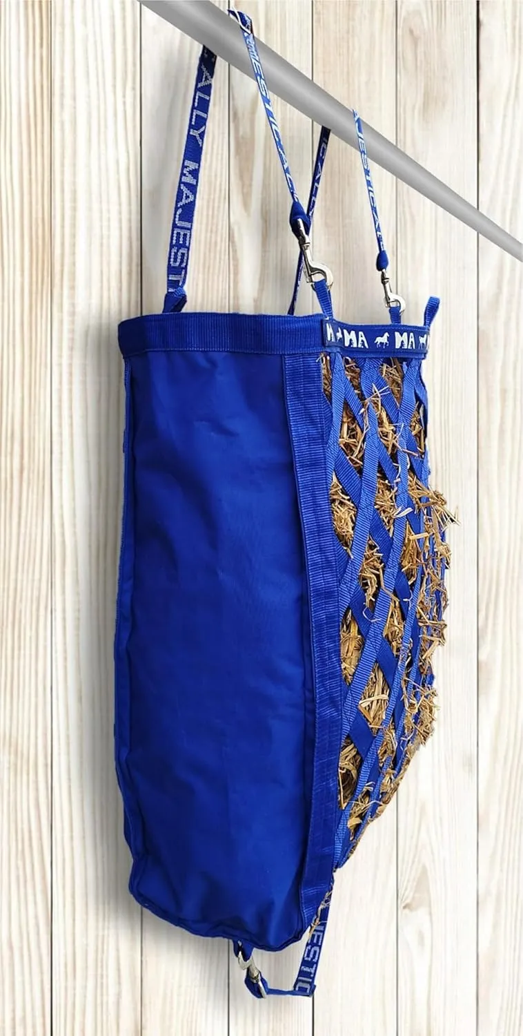 Majestic Ally Double Side Open Slow Feeder Hay Bag - Diamond Shaped Obliquely Placed Webbing (Royal Blue)