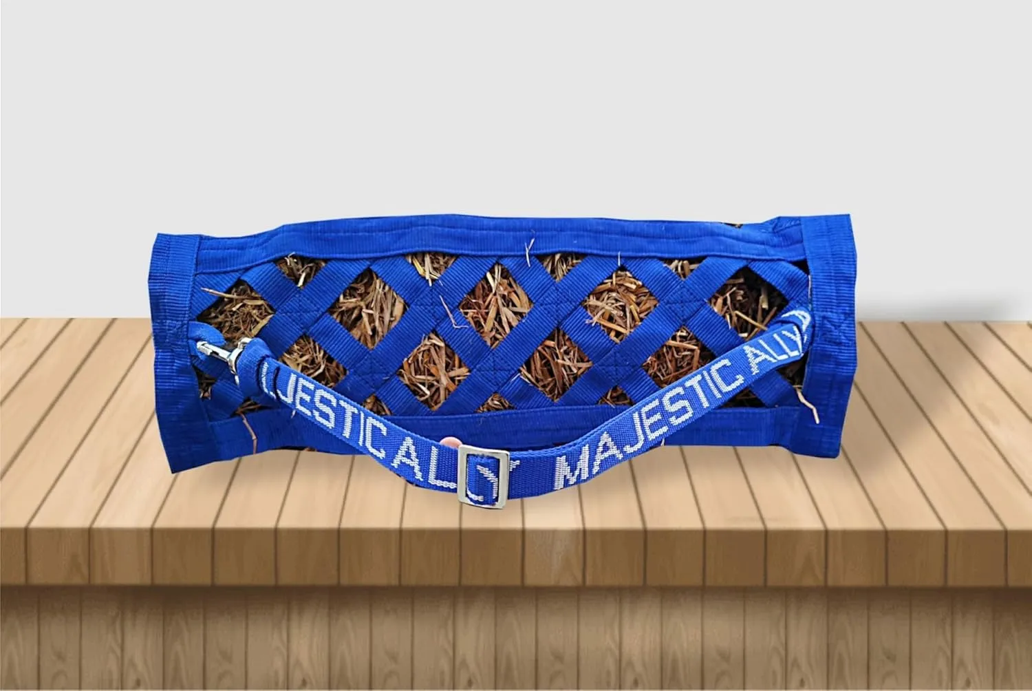 Majestic Ally Double Side Open Slow Feeder Hay Bag - Diamond Shaped Obliquely Placed Webbing (Royal Blue)