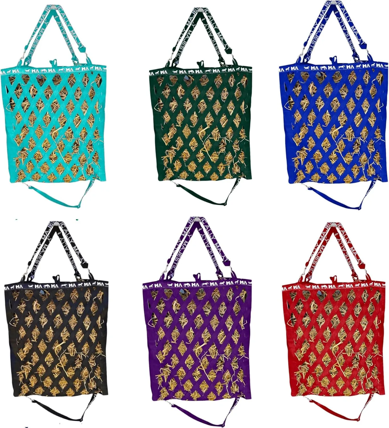 Majestic Ally Double Side Open Slow Feeder Hay Bag - Diamond Shaped Obliquely Placed Webbing (Royal Blue)